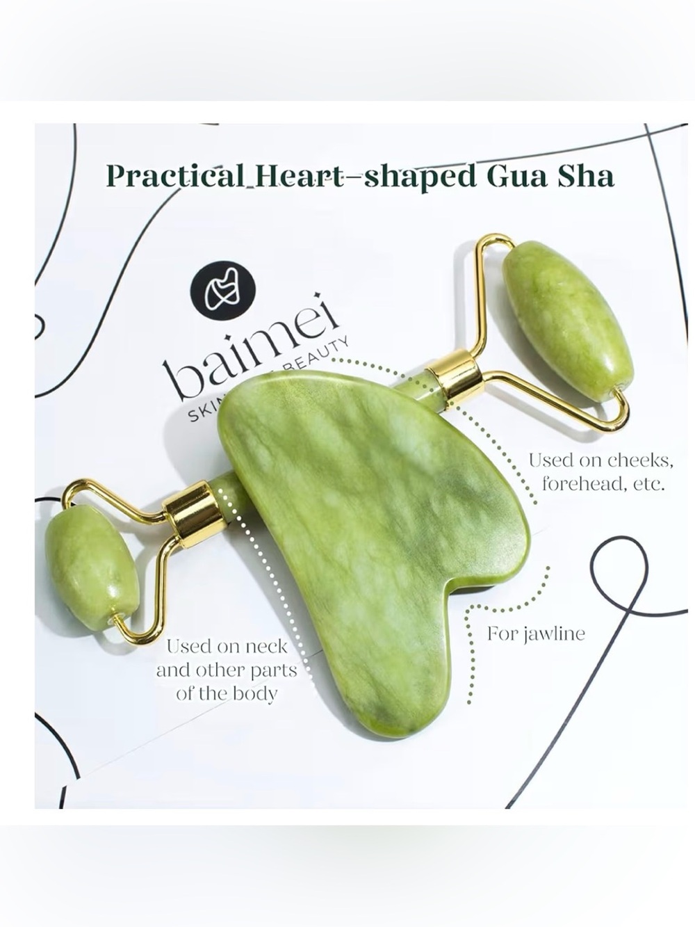 Baimei Green Jade Facial Roller & Gua Sha Set - Picture 3 of 6